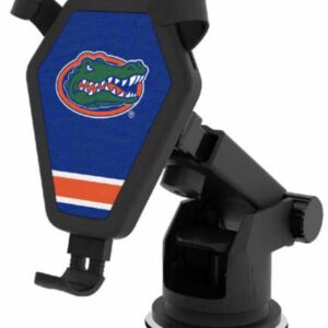 Florida Gators wireless car charger with a suction cup base and adjustable grip, featuring a blue university of florida gators logo on the back panel.