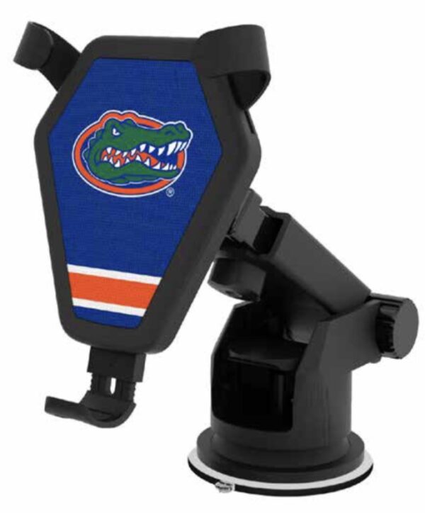 Florida Gators wireless car charger with a suction cup base and adjustable grip, featuring a blue university of florida gators logo on the back panel.