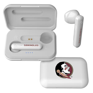 Florida State Seminoles Insignia Wireless Earbuds with charging case displayed open with one earbud out.