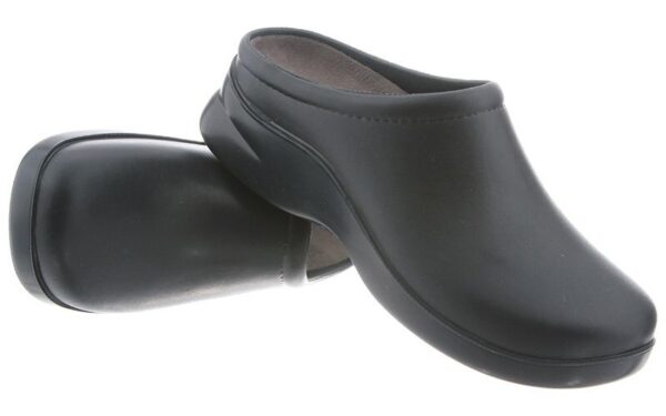 A pair of black, slip-on Dusty professional clogs isolated on a white background.