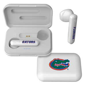 White FLorida Gators Insignia wireless earbuds with charging case, featuring the university of florida gators logo and "florida" text on the earbud.