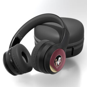 Florida State Seminoles Stripe headphones with custom pink decals on earcups, placed next to a black carrying case on a white background.