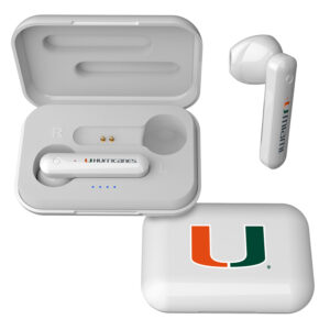 Wireless earbuds with a charging case branded with the Miami Hurricanes Insignia logo, featuring one earbud out of the case.