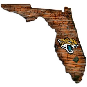 Illustration of florida's map with a wood grain texture, featuring a Jacksonville Jaguars Football and My Dog Sign logo near the northeastern part.