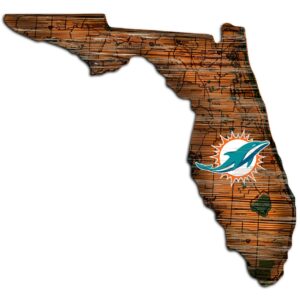 Map outline of florida styled with a wooden texture, featuring a Miami Dolphins Football and My Dog Sign near the southeastern part of the state.