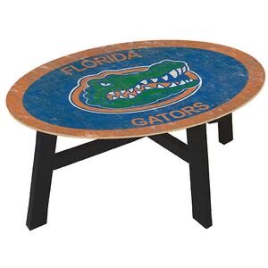 Oval University of Florida coffee table featuring the university of florida gators logo with a blue and orange distressed finish on the tabletop and black legs.