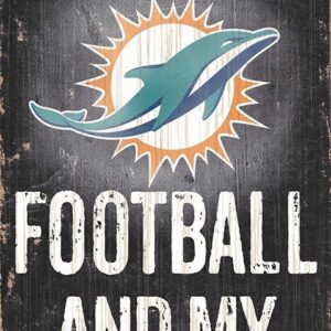 Miami Dolphins Football and My Dog Sign, featuring a stylized dolphin and football logo on a distressed wood background.