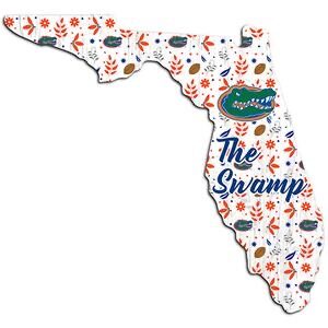 Decorative illustration of University of Florida 24" Floral State Wall Art featuring a floral pattern, alligators, and "the swamp" text.