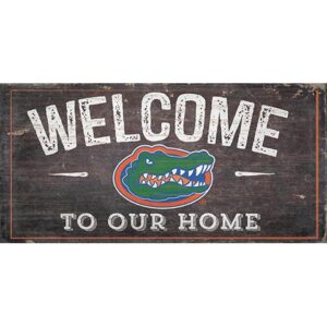 Vintage-style "University of Florida welcome" sign featuring a colorful alligator illustration on a distressed wooden background.