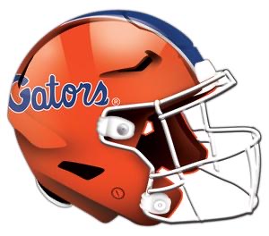 An University of Florida Authentic Helmet Cutout 24" featuring the word "gators" and a logo, with a blue stripe and a white facemask, representing the university of florida.
