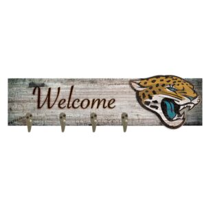 Rustic wooden "welcome" sign featuring a Jacksonville Jaguars Football and My Dog Sign illustration and three metal hooks.