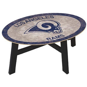 Oval coffee table with the LA Rams Football and My Dog Sign logo on the tabletop, featuring a distressed wood look and black metal legs.