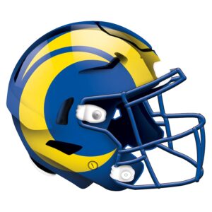 Illustration of a LA Rams football helmet with a curved stripe design and a protective facemask on a white background.