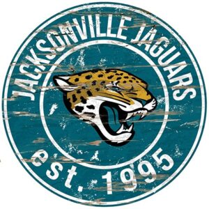 Circular logo of the Jacksonville Jaguars Football and My Dog Sign featuring a snarling jaguar head, the team name, and "est. 1995" on a weathered teal and black background.