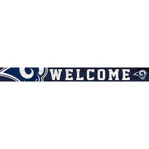 A horizontal LA Rams Football and My Dog sign with dark blue background, featuring stylized eye and spiral designs at each end.