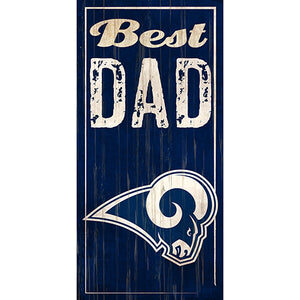A vertical sign featuring the phrase "best dad" in distressed white lettering on a navy blue background, with a white LA Rams Football and My Dog logo below the text.