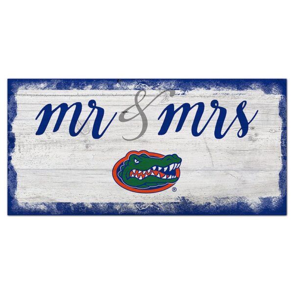University of Florida Script Mr & Mrs 6x12 Sign featuring the University of Florida gators logo on a distressed wood background.