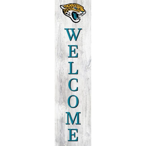 A vertical wooden Jacksonville Jaguars Football and My Dog sign with the word "welcome" in teal letters and a jaguar's head illustration at the top.