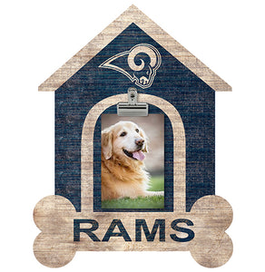 Decorative hanging LA Rams Football and My Dog Sign in the shape of a dog house featuring a photo of a smiling golden retriever, with the Los Angeles Rams logo at the top and the team name "Rams" below.