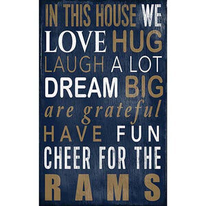 Decorative vertical LA Rams Football and My Dog sign featuring phrases like "love," "laugh a lot," and "cheer for the rams" in white lettering on a distressed navy blue background.