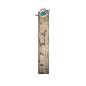 A Miami Dolphins Football and My Dog Sign themed growth chart with team logo at the top, marked in inches on a weathered wood background.