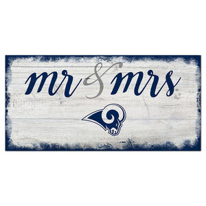Decorative sign featuring "mr & mrs" text with the LA Rams Football and My Dog logo on a distressed wood background in blue and white.