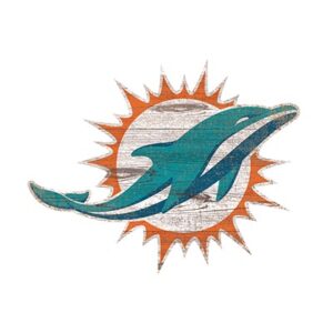 Miami Dolphins Football and My Dog Sign featuring a stylized teal and orange dolphin leaping in front of a sunburst.