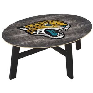 Oval coffee table with a distressed gray finish featuring a large Jacksonville Jaguars Football and My Dog Sign on the tabletop.