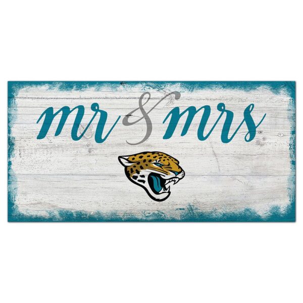 A Jacksonville Jaguars Football and My Dog sign featuring the words "mr & mrs" in cursive, teal lettering on a distressed white background, with a jaguar head logo on the right.