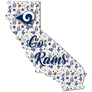 Illustration of California's outline decorated with a LA Rams Football and My Dog sign logo and "go rams" amidst a floral and football-themed pattern.