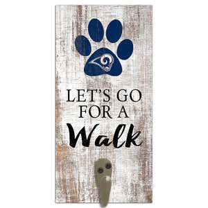 Decorative wall-mounted LA Rams Football and My Dog Sign featuring a rustic white wood background with a blue paw print and the text "let's go for a walk.