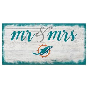 Rectangular sign with "mr & mrs" text and a Miami Dolphins Football and My Dog Sign logo on a weathered wood background.