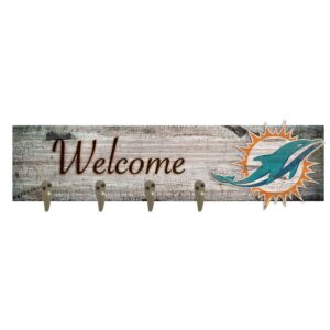 Rustic wooden Miami Dolphins Football and My Dog sign featuring a stylized dolphin and sun design with three metal hooks.