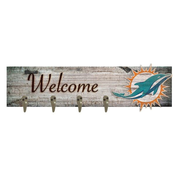 Rustic wooden Miami Dolphins Football and My Dog sign featuring a stylized dolphin and sun design with three metal hooks.