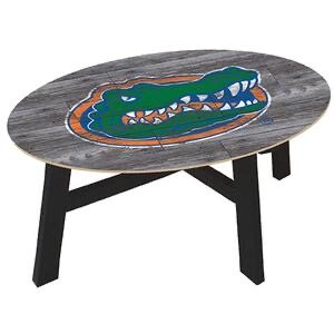 University of Florida Distressed Wood Coffee Table with a colorful alligator logo, supported by black metal legs.