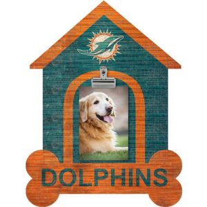 Decorative hanging Miami Dolphins Football and My Dog sign shaped like a house, featuring the Miami Dolphins logo with a photo of a smiling golden retriever in the center, and the word "dolphins" at the bottom.