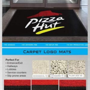 A promotional image displaying a Custom Carpet Logo Mat at an entrance, with information on carpet features and material options below.