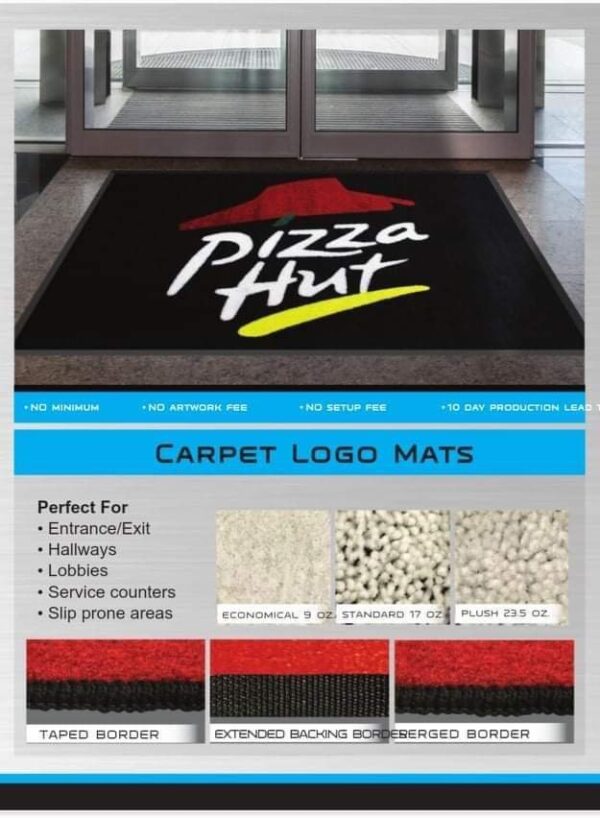 A promotional image displaying a Custom Carpet Logo Mat at an entrance, with information on carpet features and material options below.