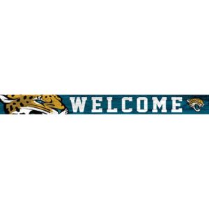 A welcome mat featuring the word "welcome" in bold, with Jacksonville Jaguars Football and My Dog Sign logo and leaping jaguar design on the ends.