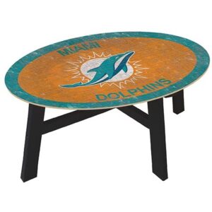 Oval coffee table with a distressed wood finish featuring the Miami Dolphins Football and My Dog Sign in the center, supported by a simple black leg frame.