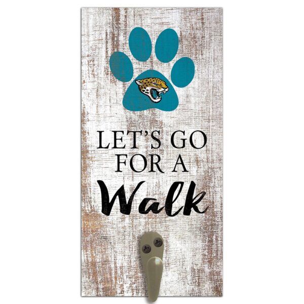 Wall-mounted key holder featuring a Jacksonville Jaguars Football and My Dog Sign design with the phrase "let's go for a walk" and a large blue paw print containing a butterfly.