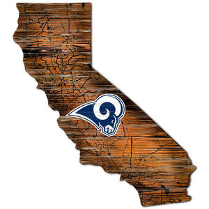 A graphic of California's outline with a textured, woodgrain background and the LA Rams Football and My Dog Sign logo at the bottom left.