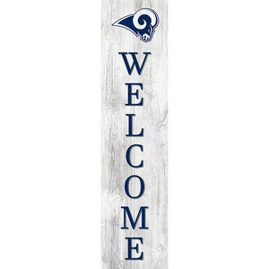 Vertical welcome sign featuring the LA Rams Football and My Dog logo on a distressed white wood background.