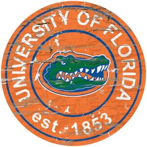 University of Florida Distressed Round Sign with "university of florida" and an alligator logo, marked "est. 1853" in white and blue.