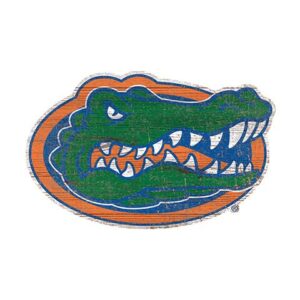 University of Florida Distressed Logo Cutout Sign featuring a stylized, aggressive alligator head in blue and orange colors.
