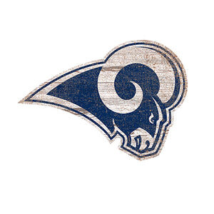 LA Rams Football and My Dog Sign of the los angeles rams, featuring a stylized blue ram's head on a distressed white background with visible wood textures.