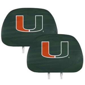 Three Miami Hurricanes Printed Headrest Covers with the university of miami "u" logo in green and orange.