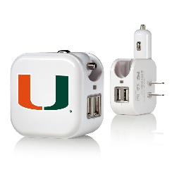 Two Miami Hurricanes Stripe Wireless Car Chargers with european and american plug options, featuring a logo with the letter 'u'.