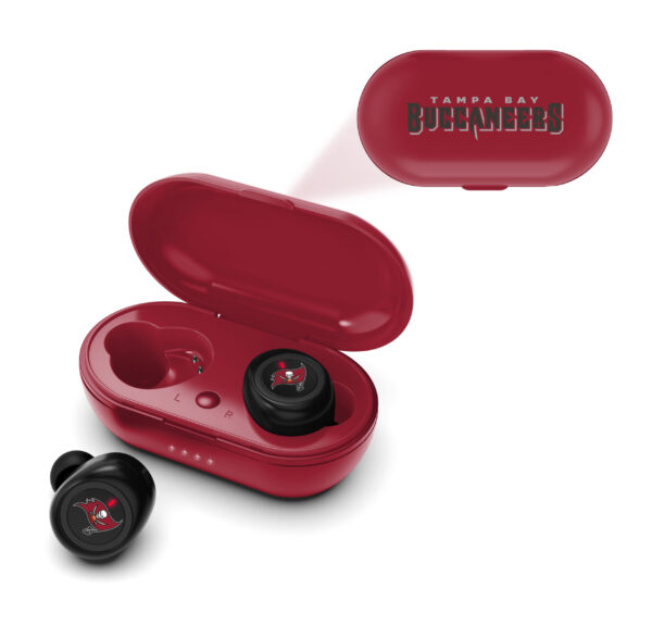 Red True Wireless Tampa Bay Buccaneers Earbuds and charging case, with the case lid open and one earbud outside.