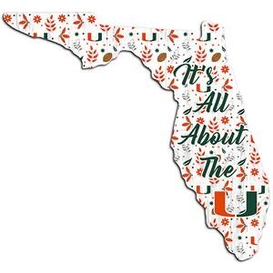 Illustration of florida's map decorated with floral patterns and the phrase "it's all about the u" along with the university of miami's logo.
